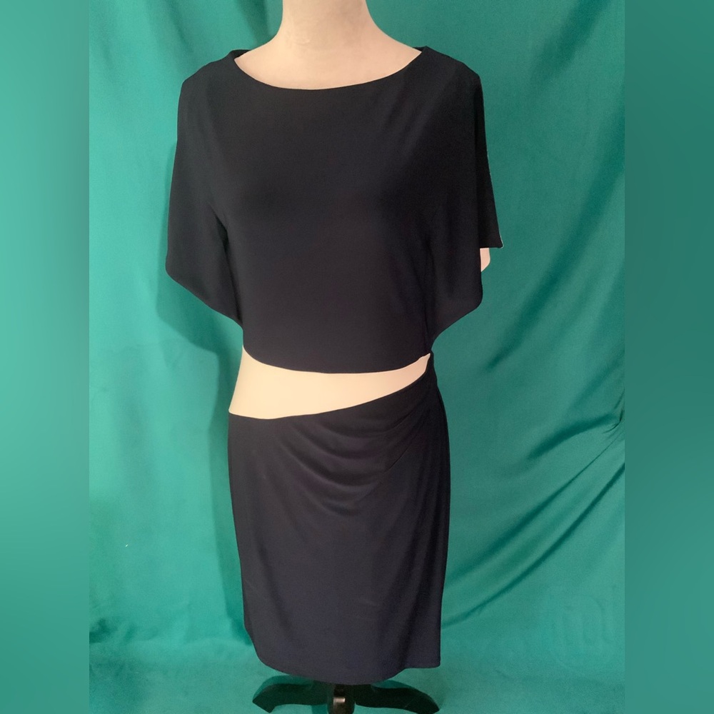 LAUREN RALPH LAUREN, COLOR-BLOCK JERSEY SHEATH COCKTAIL DRESS w/BOAT NECKLINE
